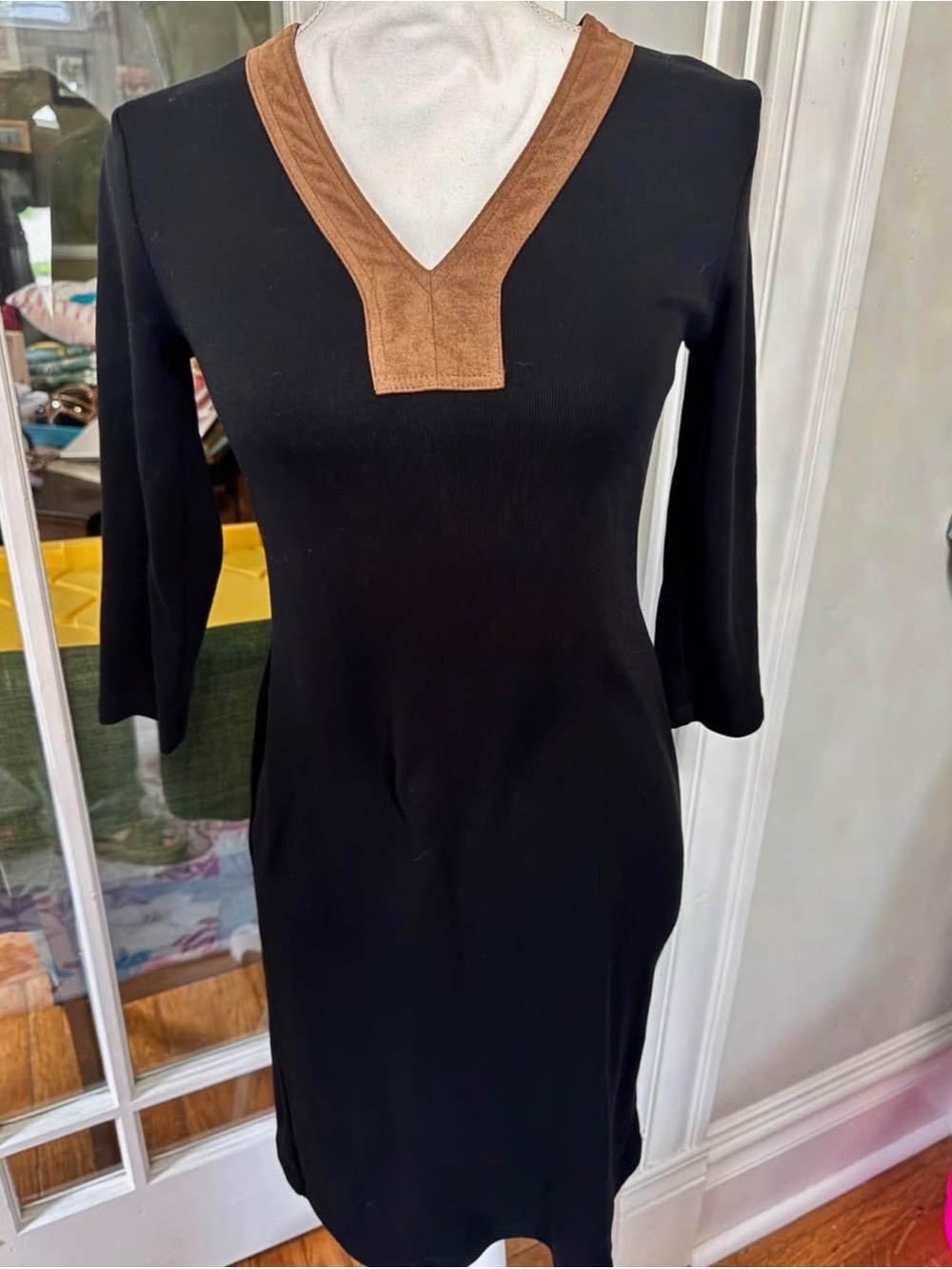 Ralph Lauren Black Long-Sleeve Dress with Brown V-Neck Trim
